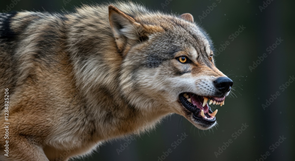 Fototapeta premium Aggressive wolf snarling in a forest setting, showcasing its fierce demeanor