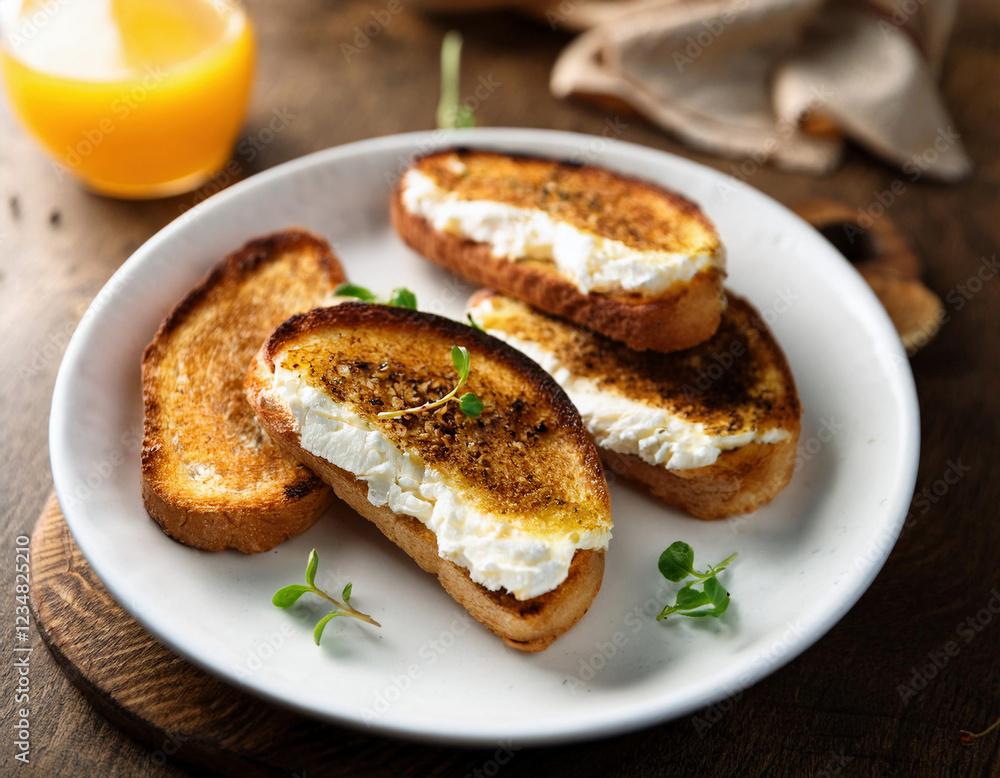 Golden-brown grilled bread slices filled with creamy ricotta cheese are garnished with herbs and served on a white plate alongside a glass of orange juice. Golden-brown grilled bread slices filled with creamy ricotta cheese are garnished with herbs and served on a white plate alongside a glass of orange juice.