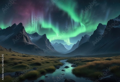 Softly glowing aurora borealis in a mountain valley, calming moment, aurora borealis