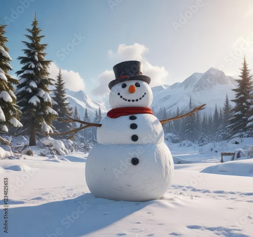 Snowy landscape with a large snowman in the center, snowy background, festive atmosphere, wintry conditions