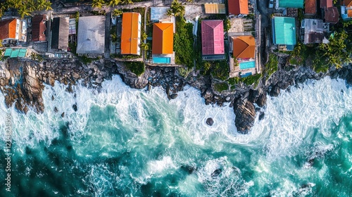 Aerial view of coastal homes overlooking rocky shore and crashing waves under bright sunlight on a serene summer day