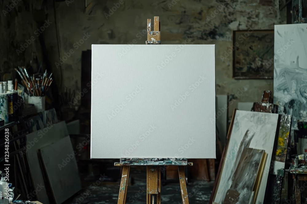 Clean white canvas displayed on an easel, art studio background with various supplies. Clean white canvas displayed on an easel, art studio background with various supplies.