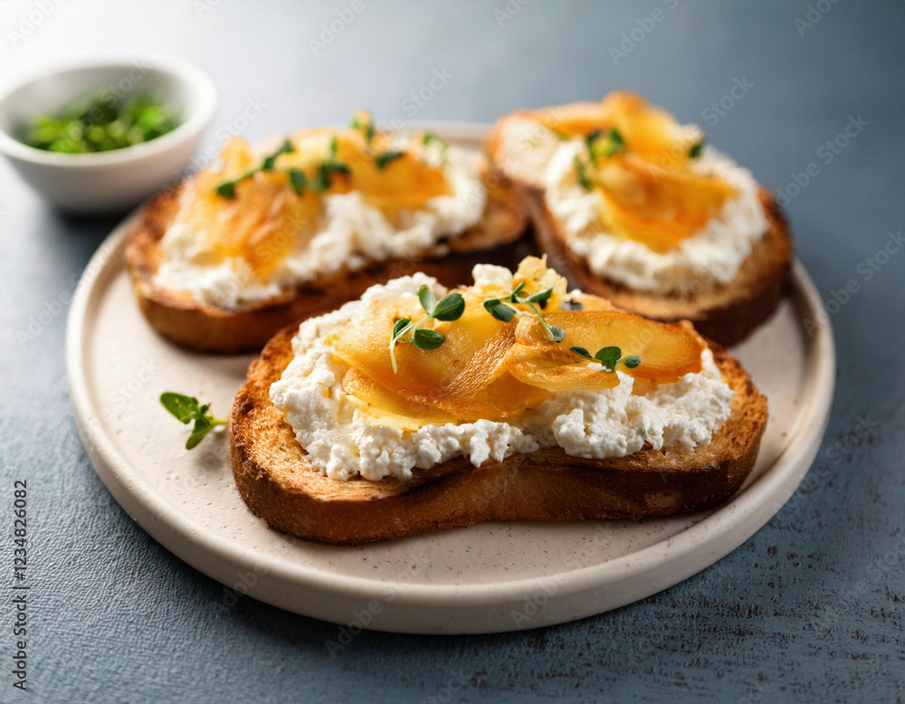 Three slices of toasted bread topped with creamy ricotta cheese and smoked salmon are garnished with fresh chives on a light ceramic plate. Three slices of toasted bread topped with creamy ricotta cheese and smoked salmon are garnished with fresh chives on a light ceramic plate.