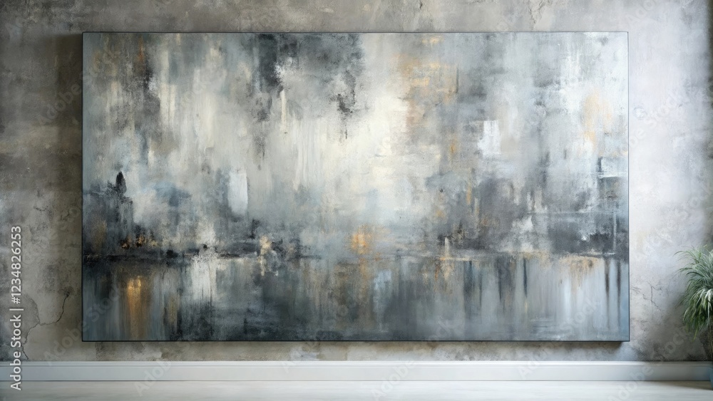 A stunning abstract art piece created using different shades of gray paint on a large canvas with bold brushstrokes and textures, unique artwork, textures, modern art, gray background