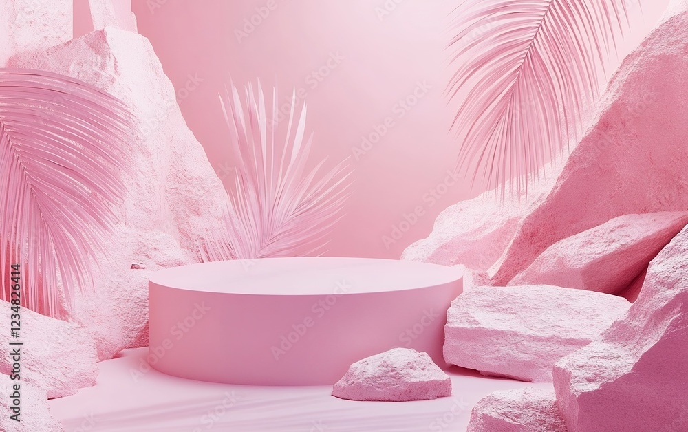 Surreal monochromatic pink scene with circular platform and large rocks Surreal monochromatic pink scene with circular platform and large rocks