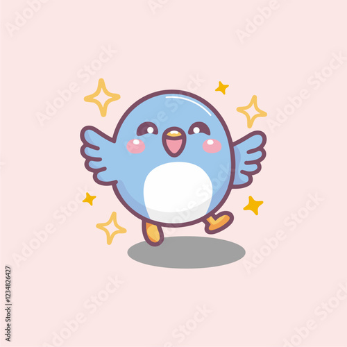 Super Cute Chabi blue bird Happy expression. kawaii style. Kids tee print design. Pet Animal Icon in flat cartoon style
