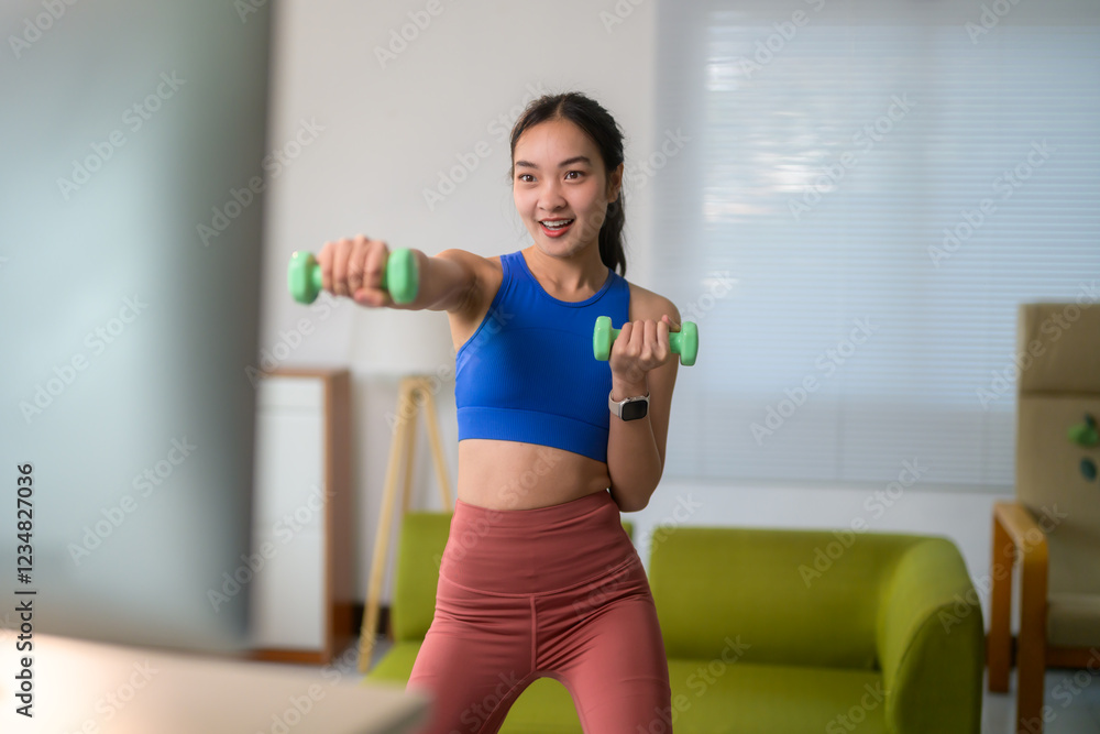 Happy sportswoman exercising with dumbbells in her living room, following online fitness program on computer Happy sportswoman exercising with dumbbells in her living room, following online fitness program on computer
