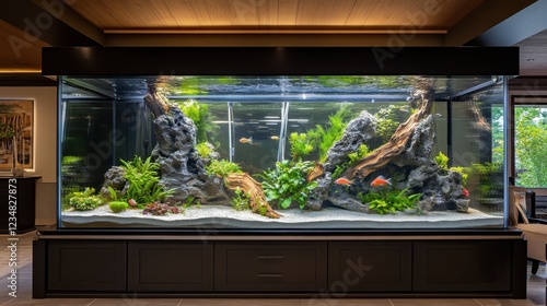 Aquarium fish swimming in modern tank interior design photo calm environment wide angle