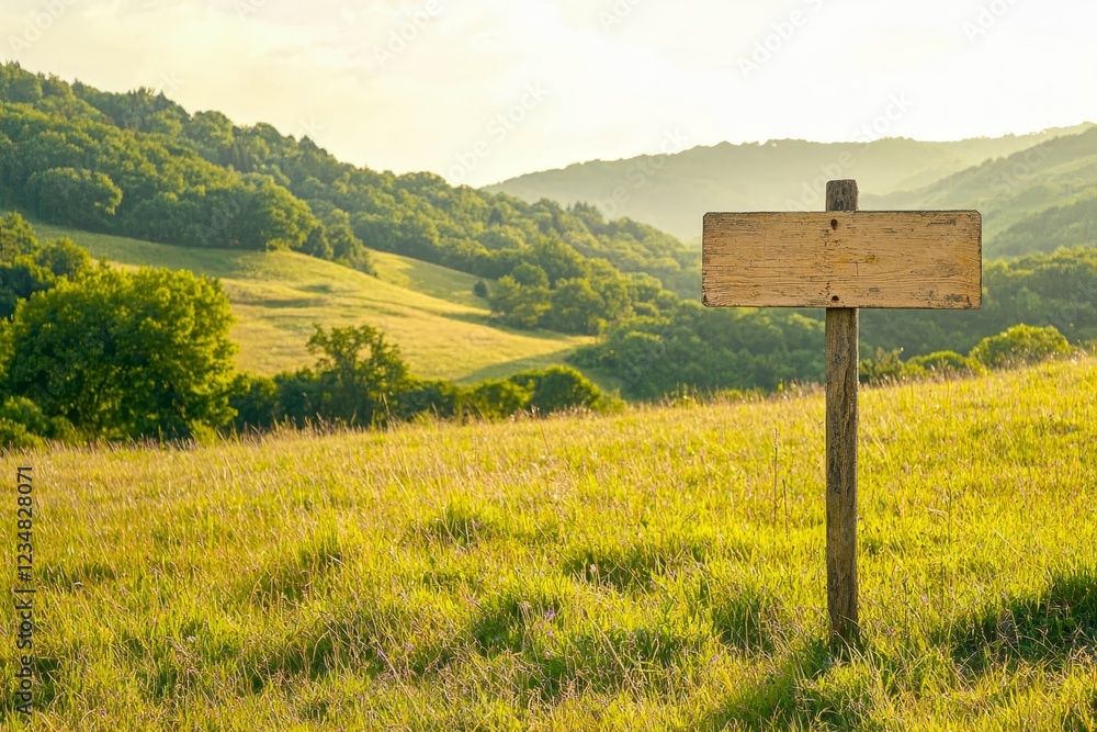 Empty rectangular signpost in a serene countryside setting, surrounded by rolling hills and trees. Empty rectangular signpost in a serene countryside setting, surrounded by rolling hills and trees.