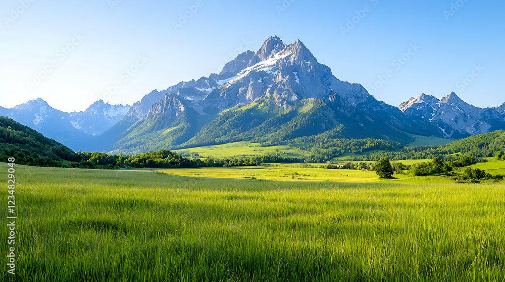 Fototapeta premium Majestic mountain peak overlooking green valley, sunny day