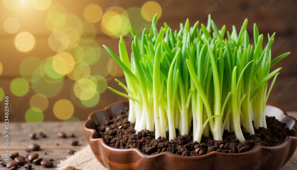 Fresh green Sabze sprouts growing in a bowl of soil on a bokeh-style background Fresh green Sabze sprouts growing in a bowl of soil on a bokeh-style background