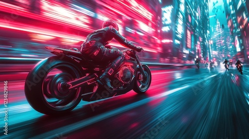 Motorcycle riding at high speed through a futuristic city street during daytime photo