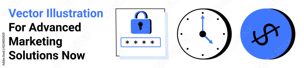 Padlock with password field, clock showing time, and dollar symbol highlighting security, time efficiency, and financial management. Ideal for business, technology, finance, marketing time ethics Padlock with password field, clock showing time, and dollar symbol highlighting security, time efficiency, and financial management. Ideal for business, technology, finance, marketing time ethics