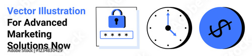 Padlock with password field, clock showing time, and dollar symbol highlighting security, time efficiency, and financial management. Ideal for business, technology, finance, marketing time ethics