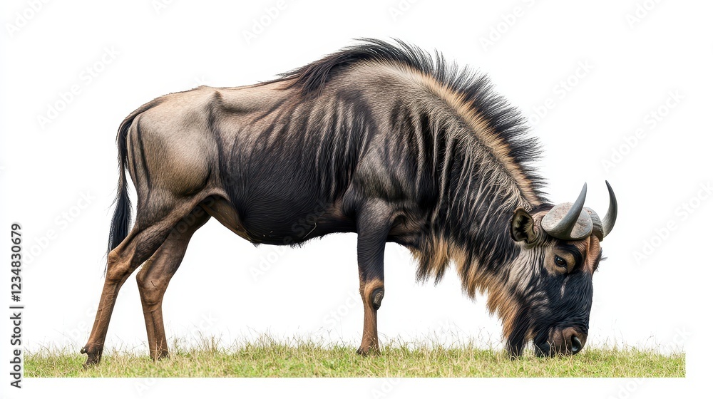 Fototapeta premium Majestic Wildebeest Grazing on Green Grass Against a White Background