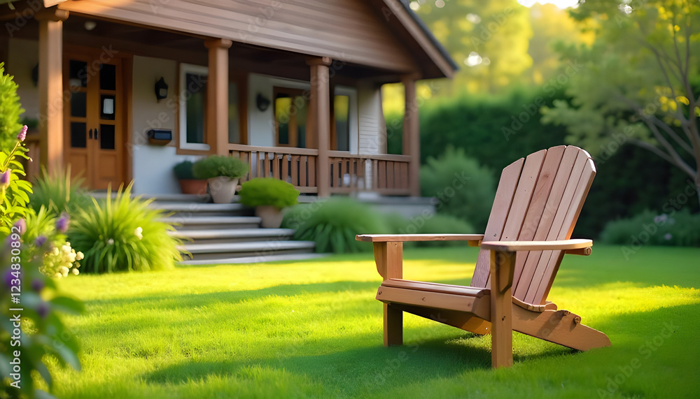 Wooden chair in backyard, sunny day, blurred house in background Wooden chair in backyard, sunny day, blurred house in background