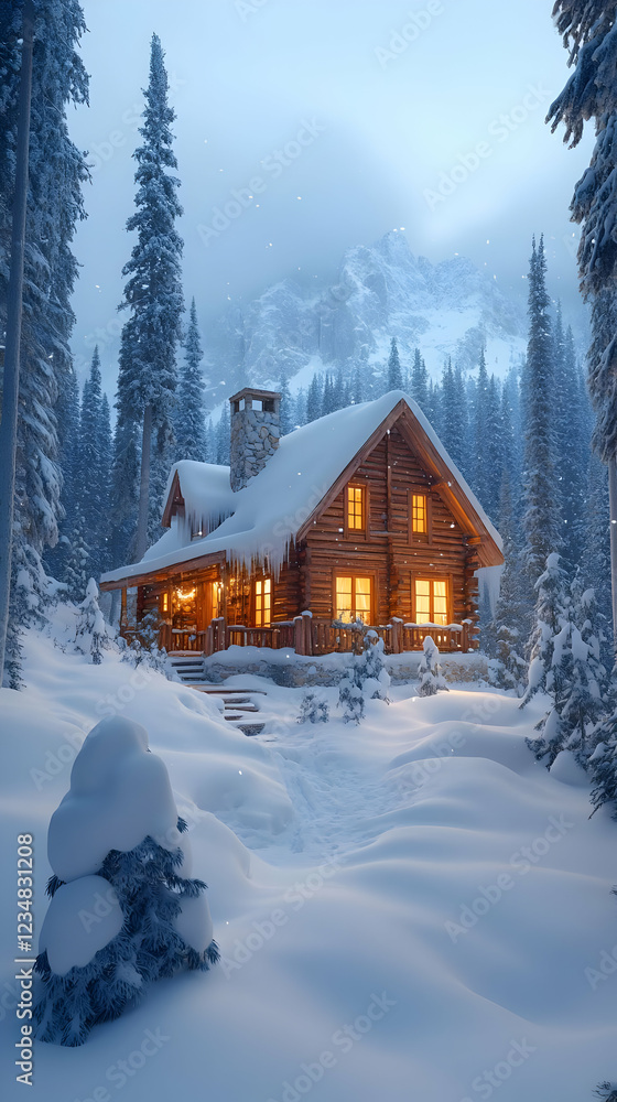 Cozy Wooden Cabin in Snowy Mountains at Night Cozy Wooden Cabin in Snowy Mountains at Night