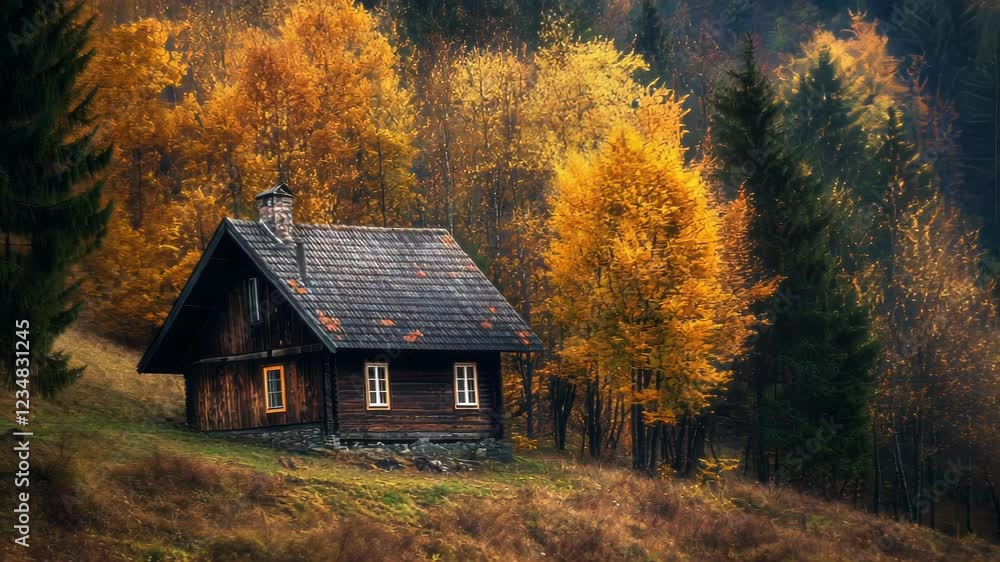 A cozy wooden cabin surrounded by vibrant autumn foliage in a serene landscape. A cozy wooden cabin surrounded by vibrant autumn foliage in a serene landscape.