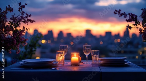 Romantic candlelit dinner setup on a rooftop table with plates and a single candle photo