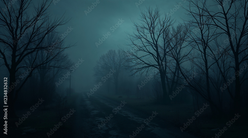 Obraz premium Fog arising on a dark, mysterious, and desolate country road at twilight