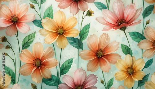 Wallpaper Mural Abstract minimalist vibrant transparent flowers in oil painting seamless pattern with transparent leafs in lashes green natural, vintage, soft colours combination, digital painting, brush strokes styl Torontodigital.ca
