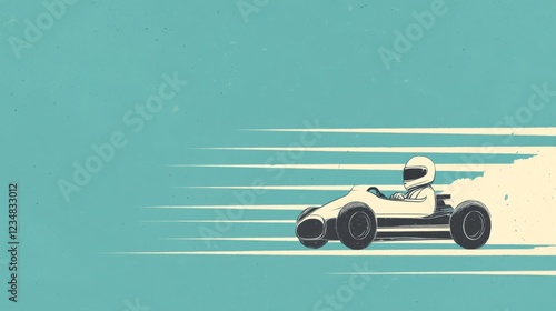 Retro race car speeding, driver in helmet, motion blur, vintage style illustration.