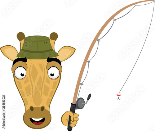 vector illustration emoji face giraffe character cartoon, with a fisher hat and a fishing rod