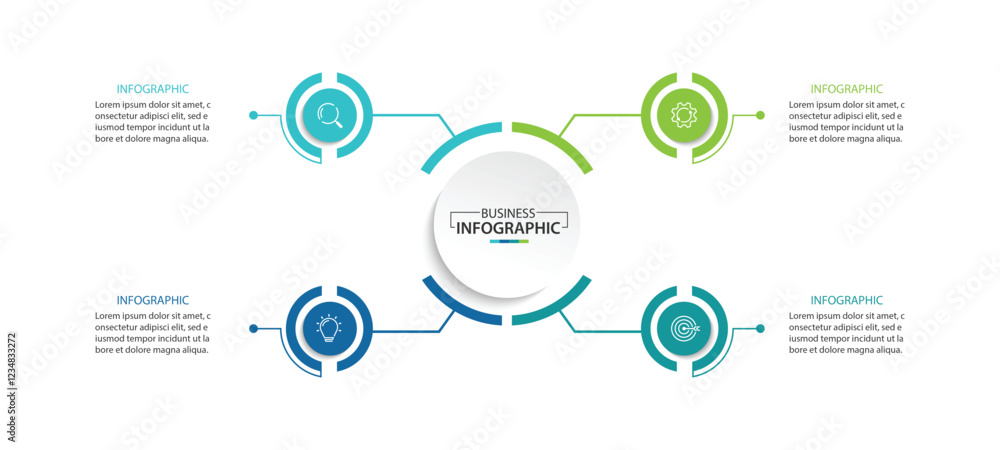 Vector infographic label design with circle infographic template design and 4 options or steps.