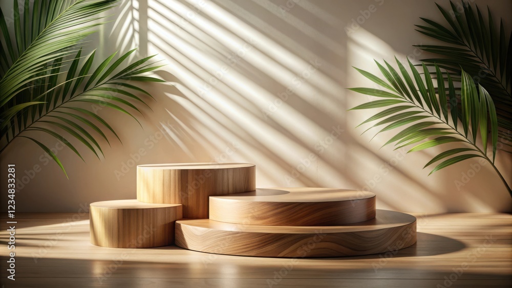 Wooden display stand on light wood floor with palm leaves and light streaming through a window Wooden display stand on light wood floor with palm leaves and light streaming through a window