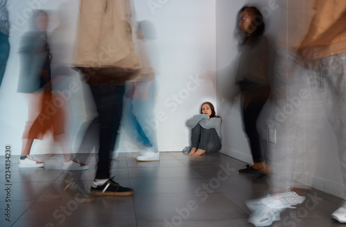 Fototapeta Social anxiety, sad and blur with woman and people for panic attack, loneliness and fear