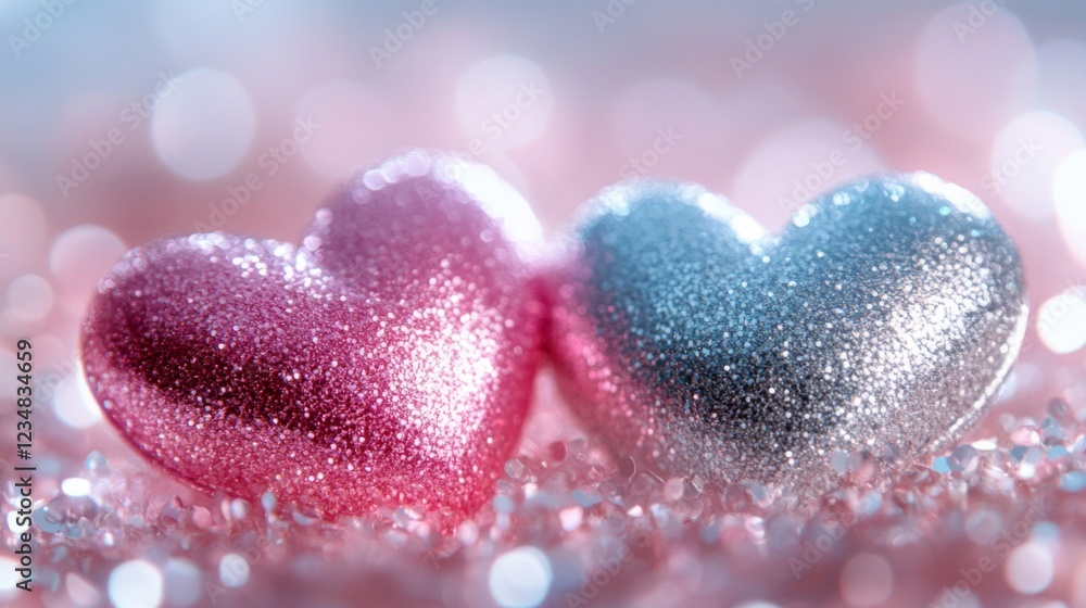 Obraz premium Two Glittering Hearts Resting On Pink Sparkle Background