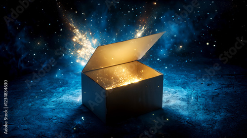 Mysterious open box glowing with magical golden light and sparks against a dark blue background creating an atmosphere of wonder and anticipation