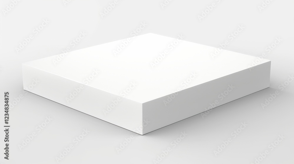 A pristine white mock-up cardboard box displayed at a slight angle on a clean surface, perfect for product packaging or branding presentations A pristine white mock-up cardboard box displayed at a slight angle on a clean surface, perfect for product packaging or branding presentations