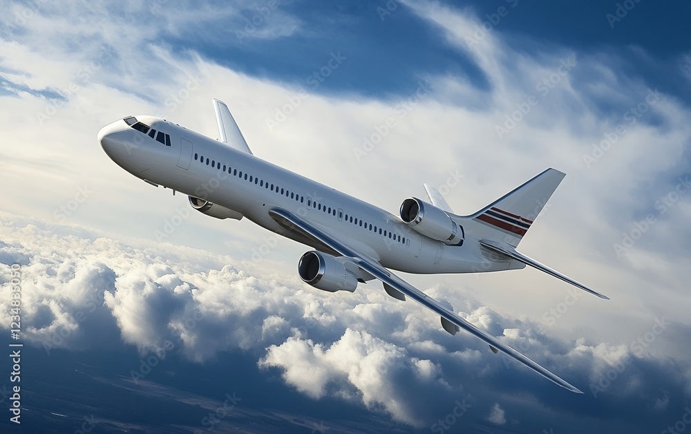 Fototapeta premium Commercial airliner climbing high above fluffy white clouds in the sky during bright morning light