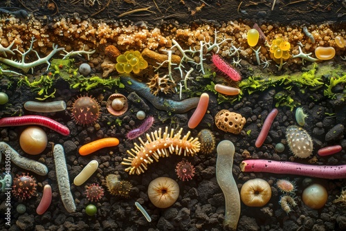 Nutrient Cycling: A detailed image showing diverse soil microbes involved in nutrient cycling, highlighting bacteria and fungi breaking down organic matter.  photo