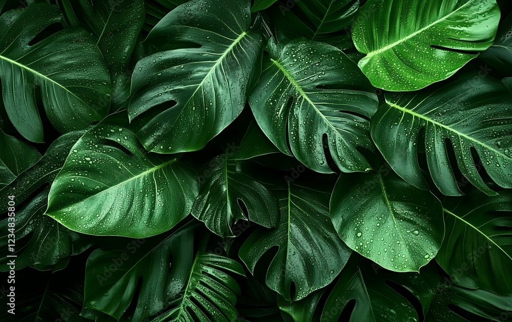 Vibrant monstera leaves covered in dew drops on a dark green background for lush tropical and nature-themed designs Vibrant monstera leaves covered in dew drops on a dark green background for lush tropical and nature-themed designs
