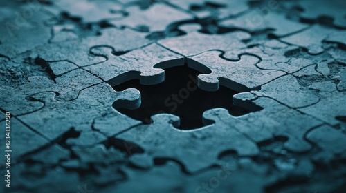 A close-up of a jigsaw puzzle with a missing piece, featuring an intricate design and textured surface, set against a moody, dark background.