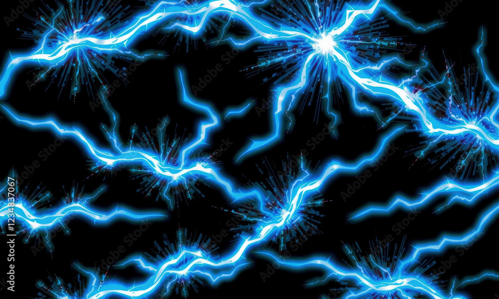Obraz premium Bright blue lightning bolts illuminate dark background, creating dynamic and energetic visual effect. electric arcs radiate with intensity, showcasing nature power