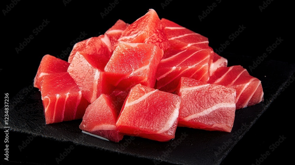 Fresh, vibrant pieces of tuna displayed on a black slate, highlighting their rich color and texture, perfect for sushi or sashimi. Fresh, vibrant pieces of tuna displayed on a black slate, highlighting their rich color and texture, perfect for sushi or sashimi.