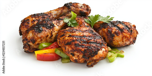 Grilled Caribbean jerk chicken served with colorful bell peppers and herbs