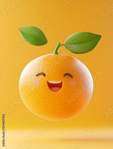 A 3D illustration of a smiling orange, radiating joy and playfulness, with vibrant colors and textures.