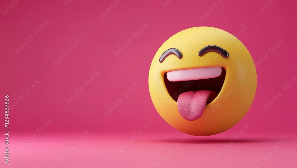 3D render of a yellow, happy emoji with its tongue out, against a pink background, 3D render of a yellow, happy emoji with its tongue out, against a pink background,