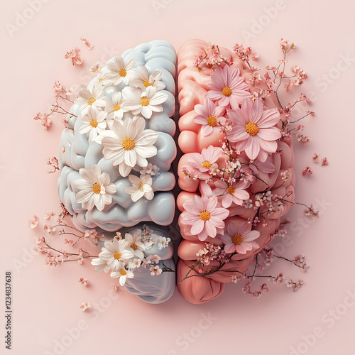 A human brain intertwined with blooming flowers, symbolizing creativity, intelligence, mental growth, and the harmony of nature.
