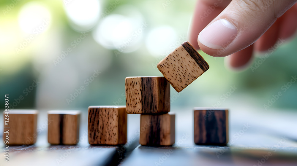 Hand placing wooden block on a stack of blocks, concept of growth, planning, and strategy with a blurred nature background Hand placing wooden block on a stack of blocks, concept of growth, planning, and strategy with a blurred nature background