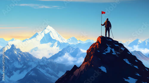 A lone hiker stands atop a mountain peak, holding a red flag as he gazes over the vast and majestic mountain range, symbolizing achievement and perseverance in the face of adversity.
