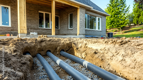 Geothermal energy system installation with pipes and trench in front of a newly built home with a green lawn.
