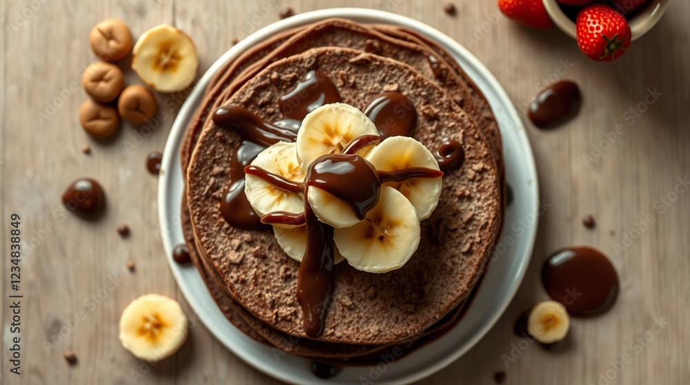 Fototapeta premium Delicious Chocolate Pancakes with Bananas and Chocolate Sauce