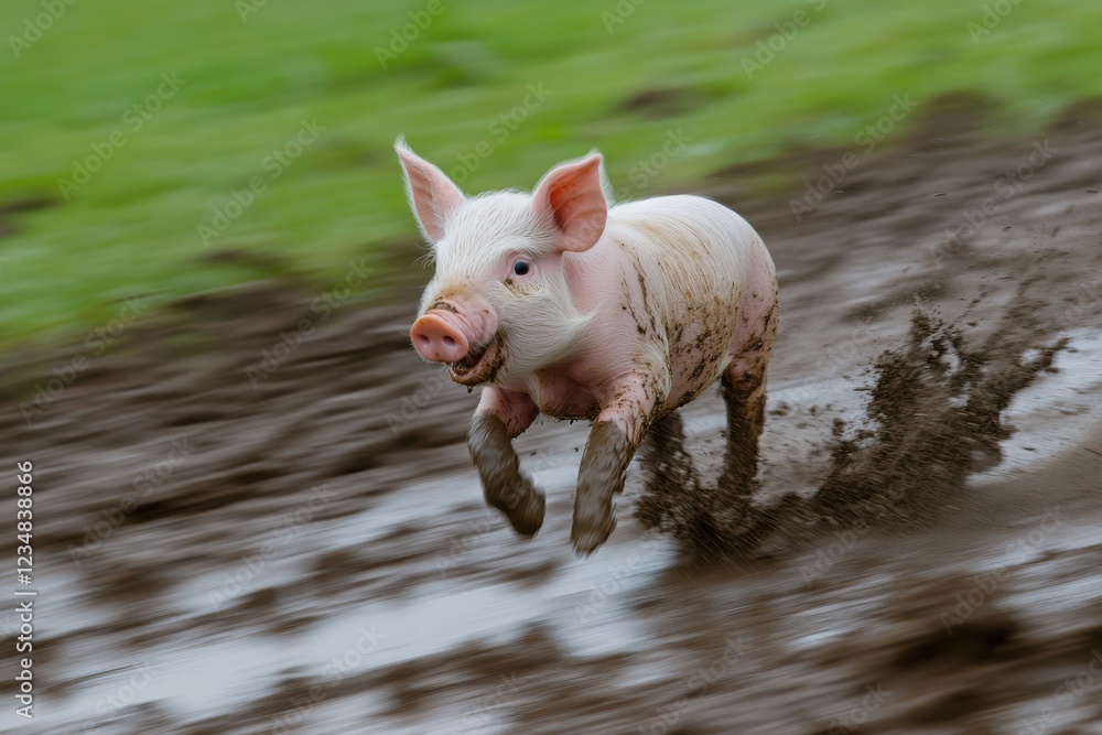 Piglet running through a muddy field after a light rain, motion blur capturing its joyful play and small frame, farm, playful, nature, animal, fun Piglet running through a muddy field after a light rain, motion blur capturing its joyful play and small frame, farm, playful, nature, animal, fun