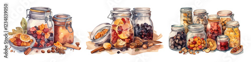 Set of glass jars with spices. Watercolor vector illustration. Hand drawn.