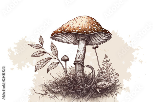 Hand draw background with mushroom. Amanita illustration.